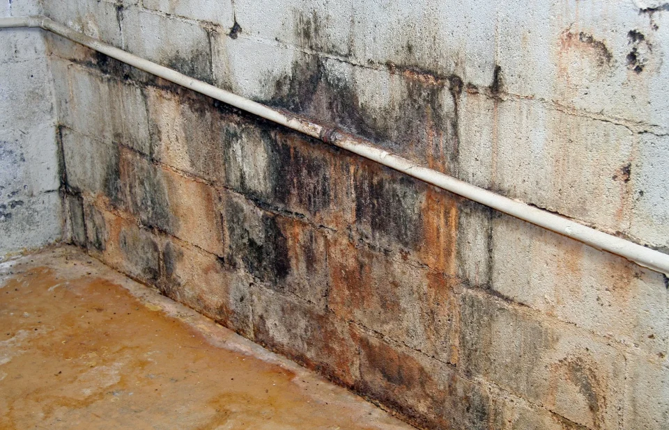 Mouldy basement wall with visible damp stains.