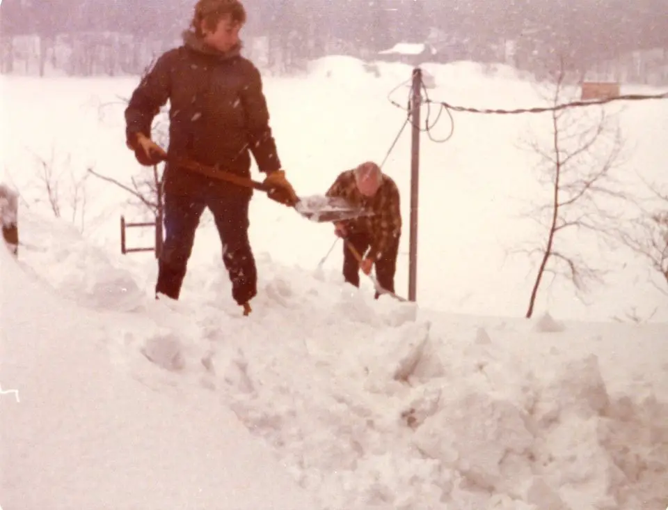 Here I am in 1975, 12 years old, shovelling snow off the roof of the cottage on a winter trip up to the place with Dad and Grandpa. Have you ever noticed that the more you do for a place the more you love it?
