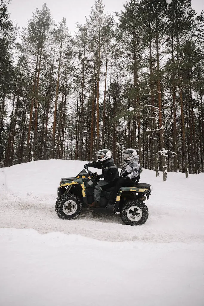 Two people ride ATV through snowy forest.
