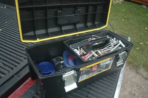 This is the toolbox I take to the forest when cutting wood. Chainsaws always need to be tinkered with, so you need tools and supplies to do this.