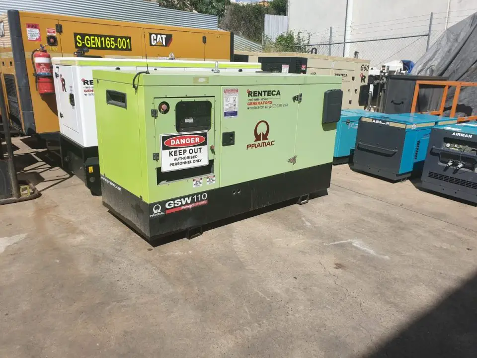 Outdoor industrial generators for rent, variety of brands.