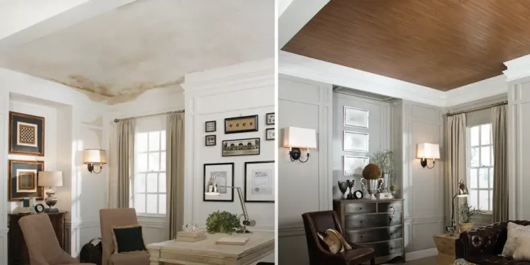 Living room ceiling renovation before and after.