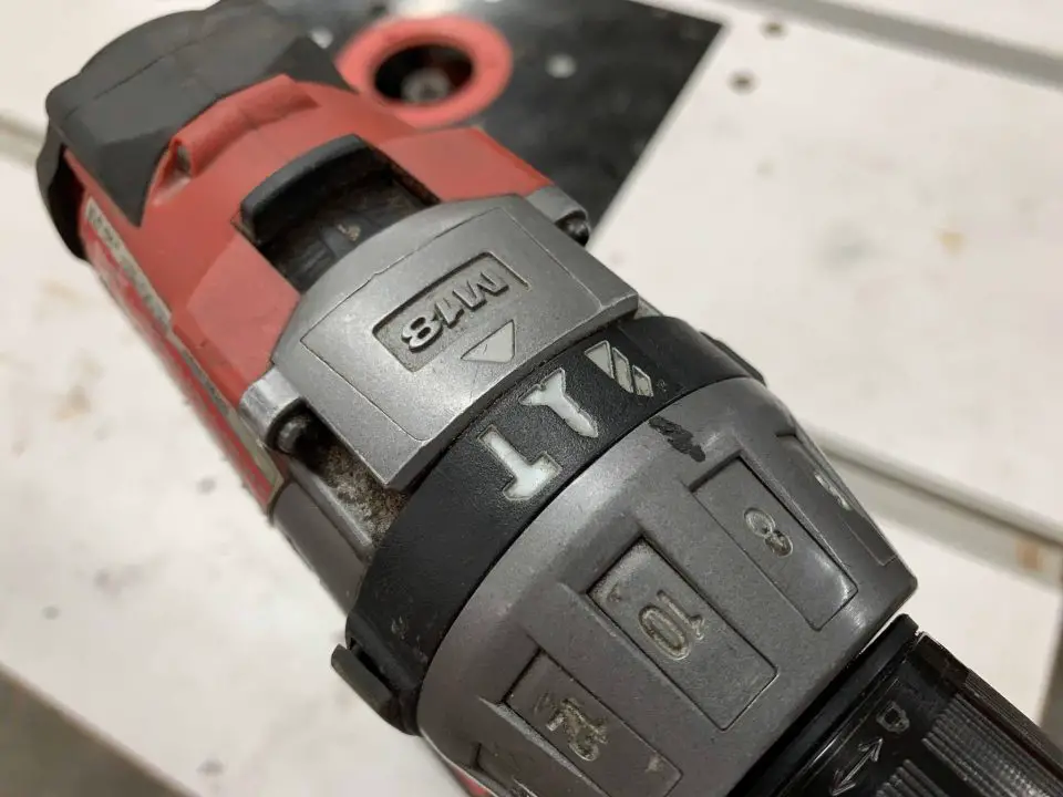 The same drill but in screw driving mode. This enables a numbered adjustable clutch ring that can be dialled up or down to deliver more or less twisting force to the drill’s chuck.