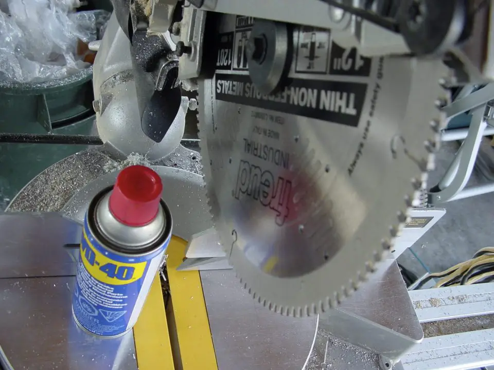 Aluminum-cutting blade in a chopsaw. Lubing the blade with WD-40 improves cutting results.