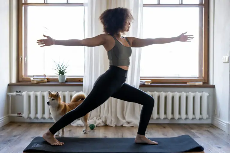 Woman doing yoga with dog nearby.
