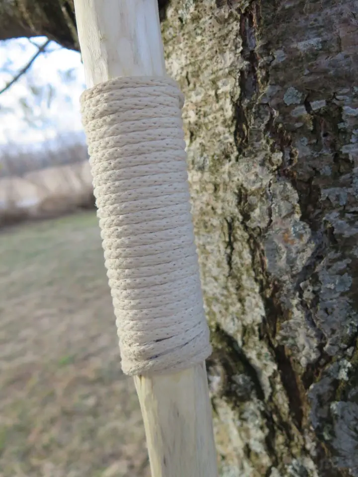 Wet some sash cord, wrap it tightly around your walking stick, then let it dry. You’ll have a nice, tight, comfortable place to hold your walking stick during use.