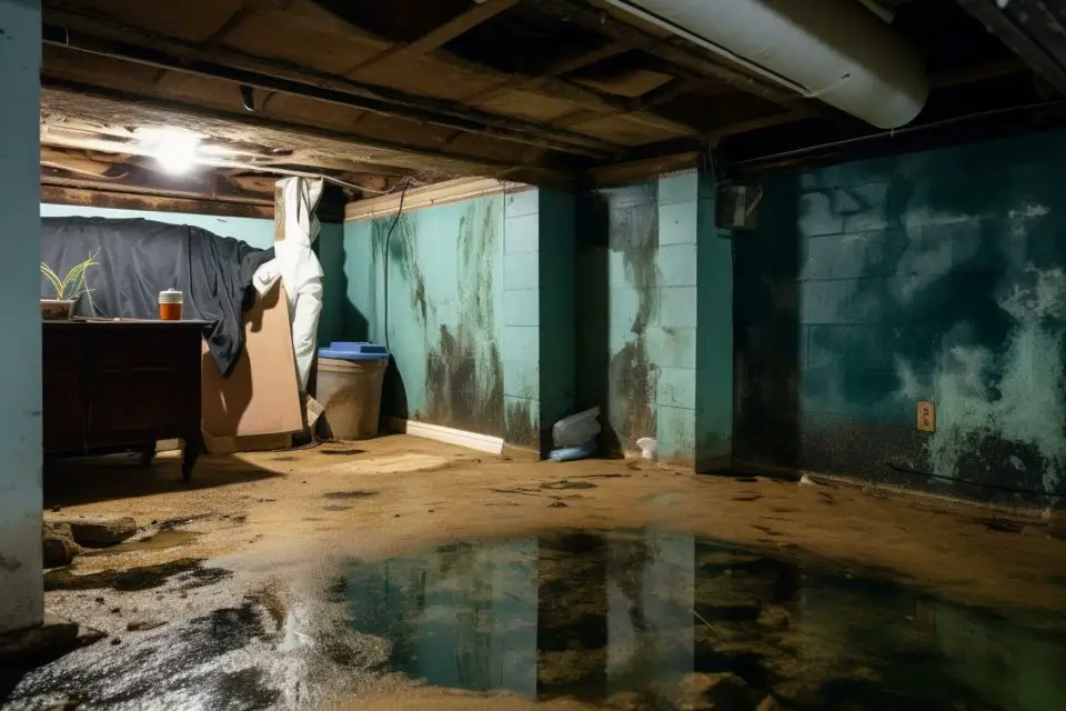 Flooded basement with water damage and mould.