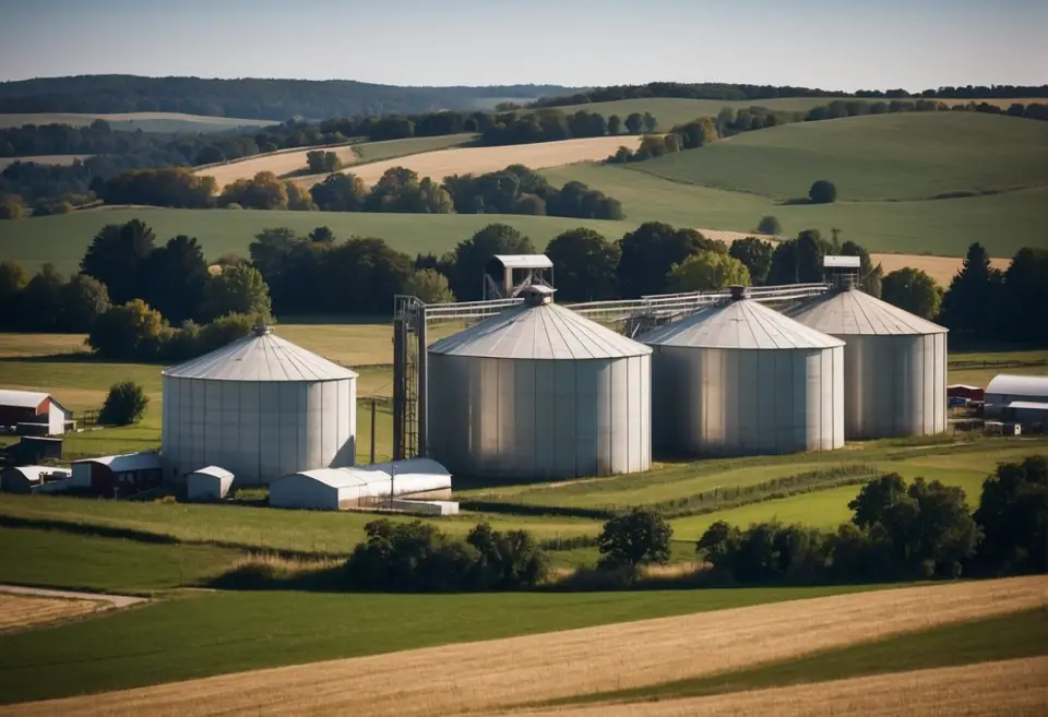 Grain silos in scenic rural landscape