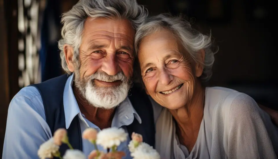 Elderly couple smiling lovingly at the camera.