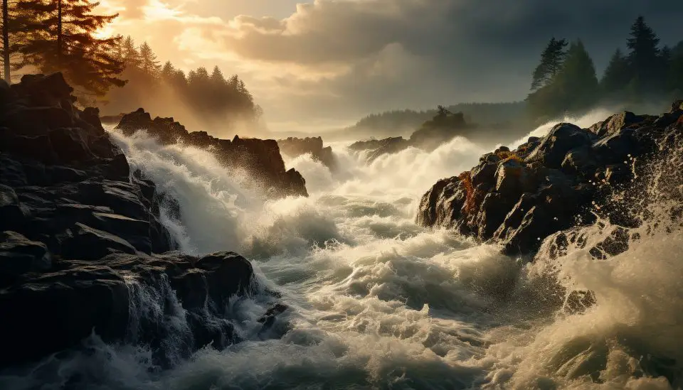 Dramatic waterfall with misty sunset view.
