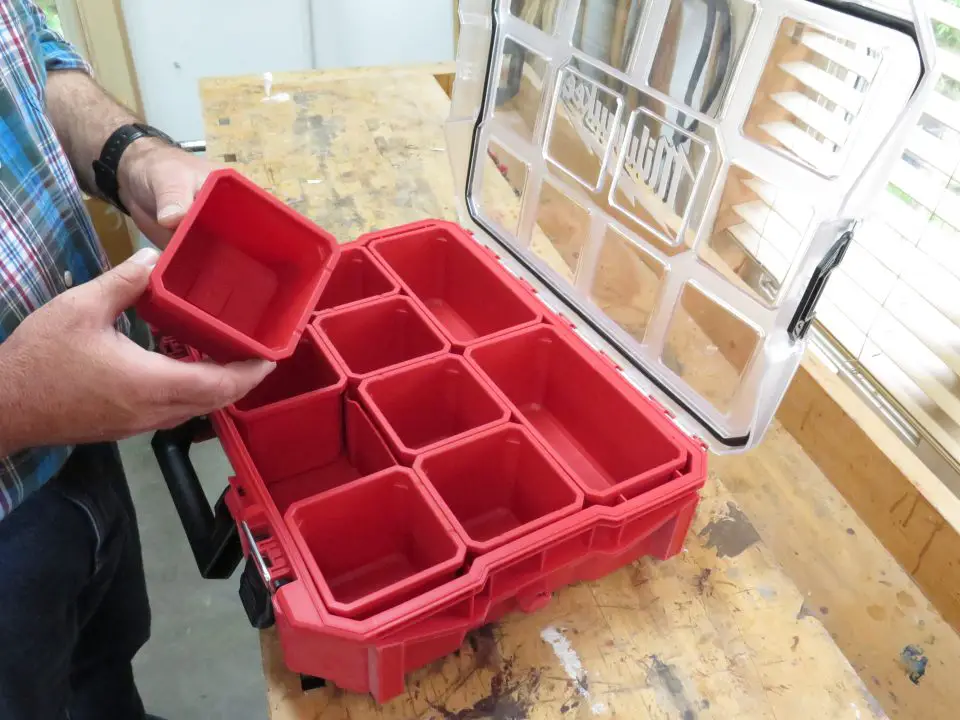 There are many organizing trays around, but most are no good because they have removable dividers that rise upwards and let small things get mixed up. This Milwaukee tray system is excellent, in part because it houses individual containers.