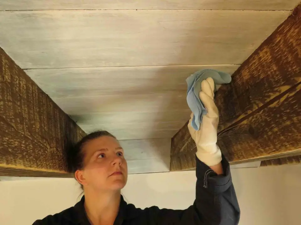 Here my daughter-in-law Edyta applies home made pickling stain to the ceiling of the cabin she lives in. In this case we used watered down white latex paint.