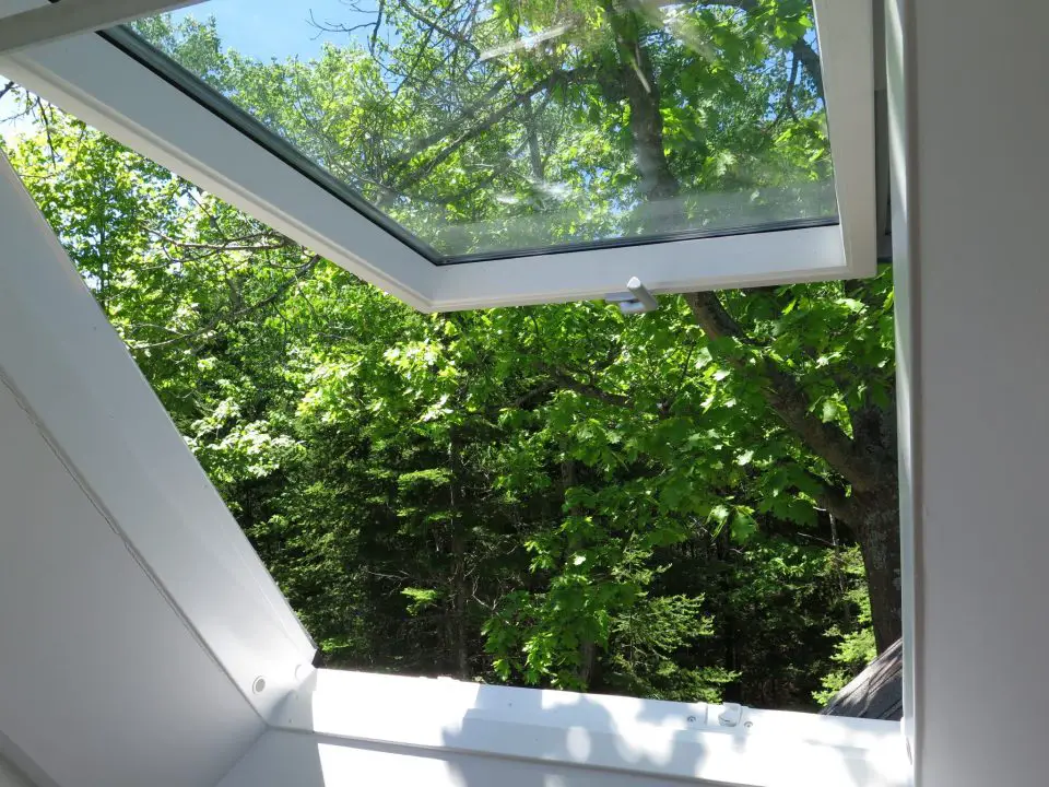 This openable skylight in the roof of a cabin makes lofts cool enough to use comfortably. I wouldn’t build a tiny house without skylights.