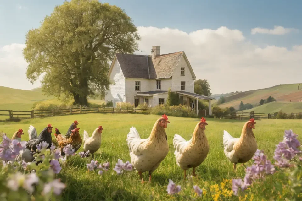 chickens in front of house
