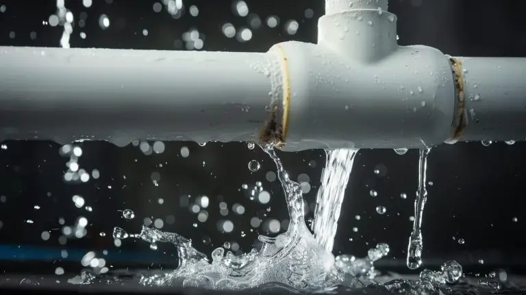 Water leaks from damaged pipe.