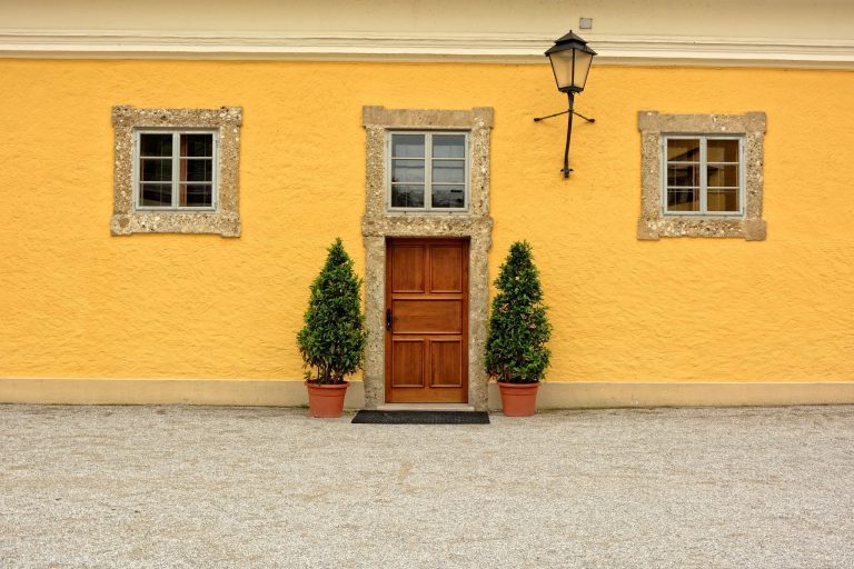 Yellow wall with wooden door and green plants.