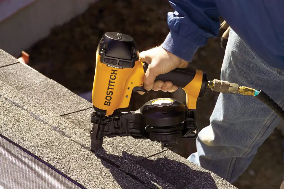 Roofing shingle nailers like this one have cut the cost of reroofing because they speed up the job so much compared with hammer-driven nails. Asphalt shingles go down at least twice as fast with an air nailer compared with hammer-driven nails.