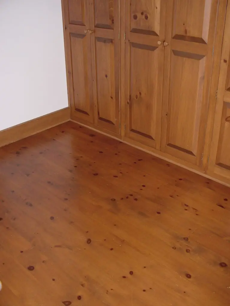 Empty room with wooden floor and cupboards.