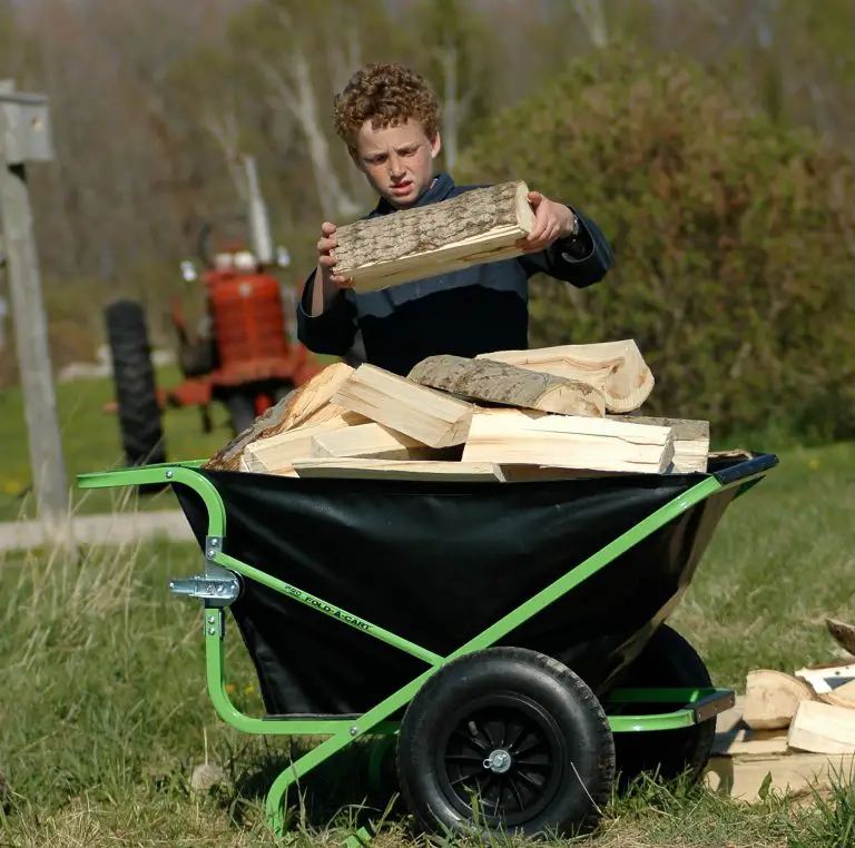 Person using wheelbarrow to load firewood outdoors.