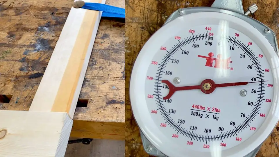 Wood on table, scale showing weight in pounds.