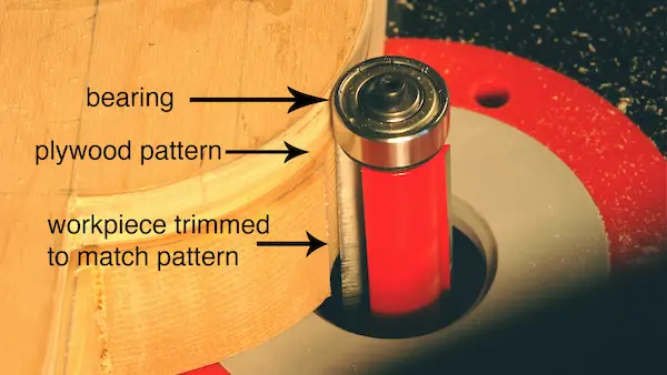 Router bit trimming wood to pattern.