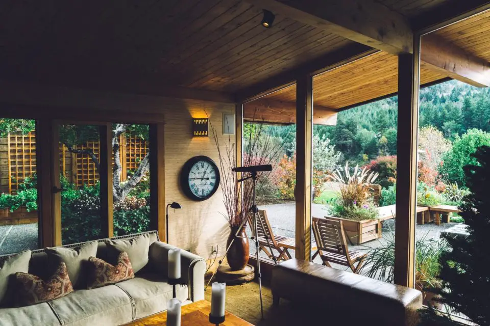 Cozy living room with garden view.