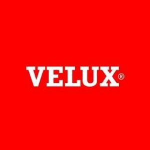 VELUX logo on red background.