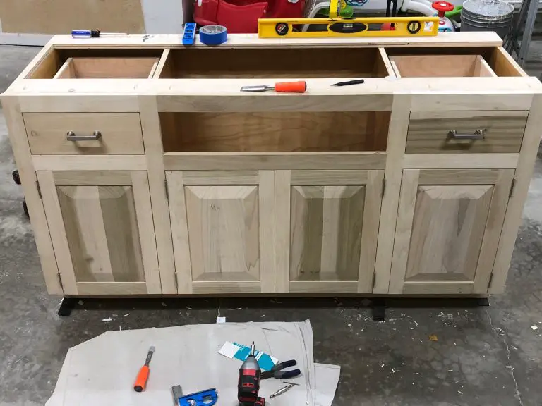 A bathroom vanity halfway through construction