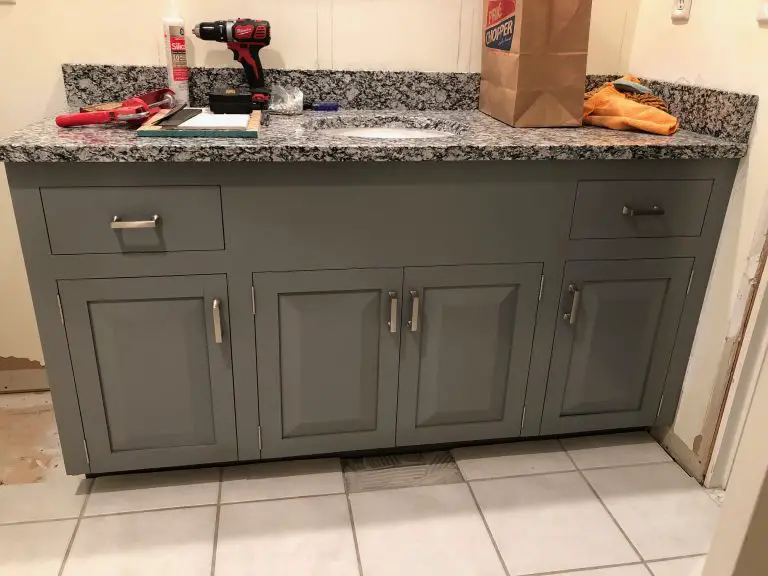 A beautiful greyscale bathroom vanity built by a Bailey Line Road student who started with no experience.