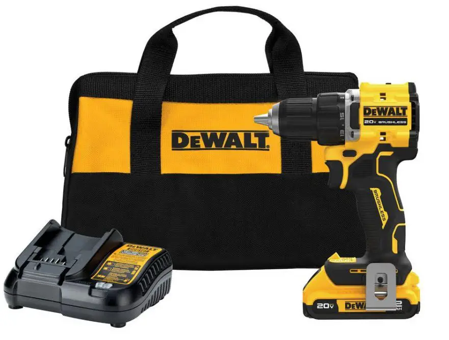 An image of a DeWalt cordless drill driver with a carrying bag and charging dock.