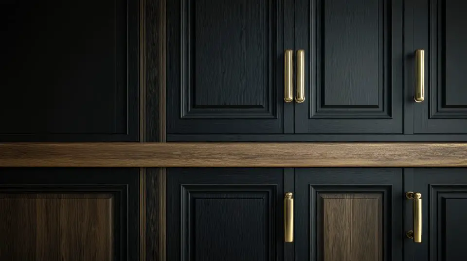 Black kitchen cabinet doors with gold handles