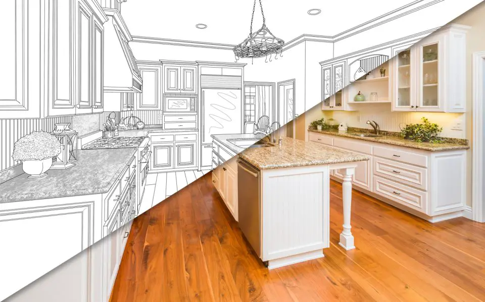 Split image of completed kitchen and plans