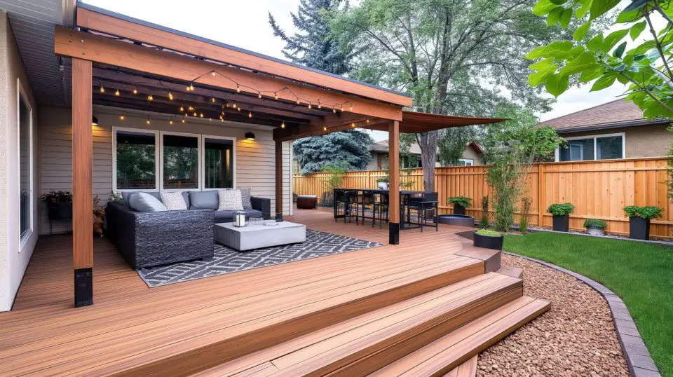 Modern outdoor patio with seating and wooden deck.