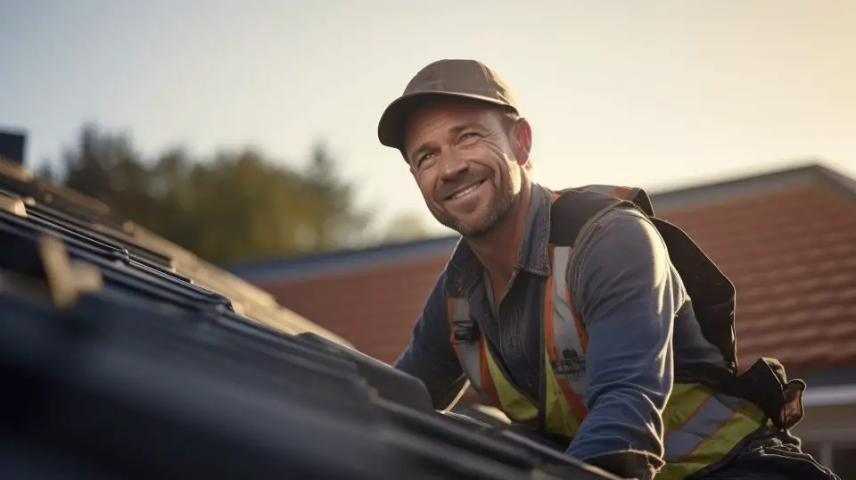 A construction worker is laying shingles on a roof.