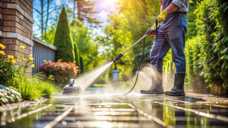 Person pressure washing a garden path