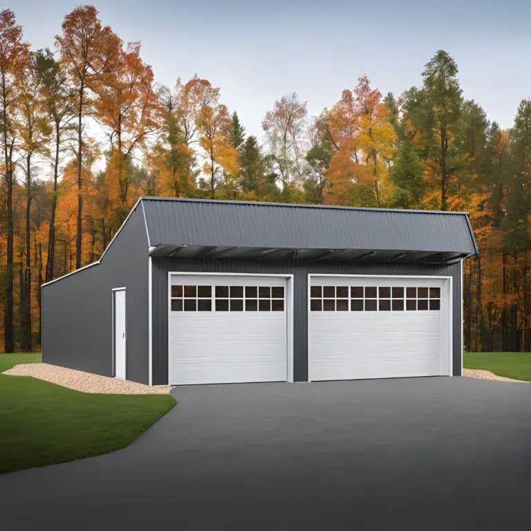 Modern garage with two doors in autumn setting.