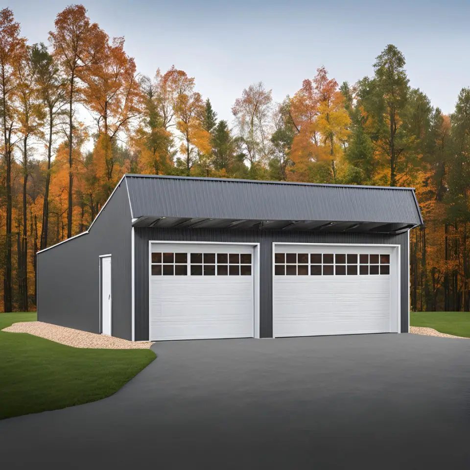 Modern garage with two doors in autumn setting.