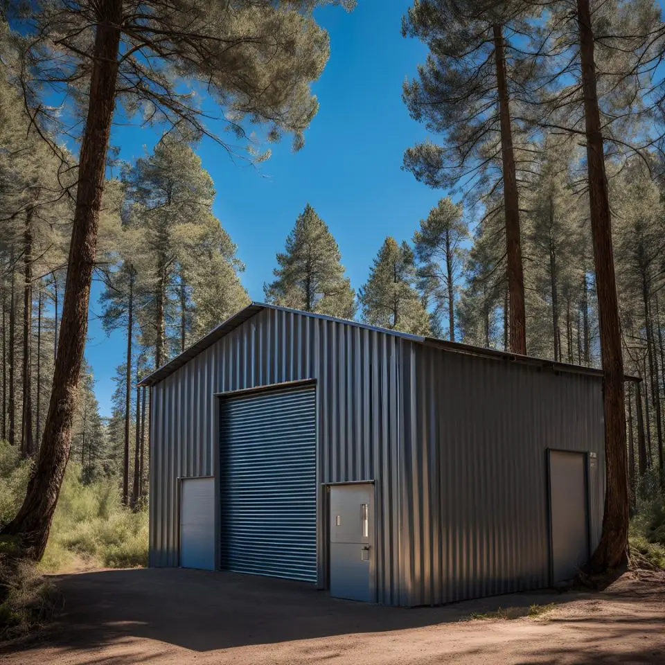 Metal building in a forested area