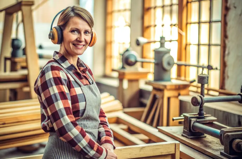 Happy woman woodworking