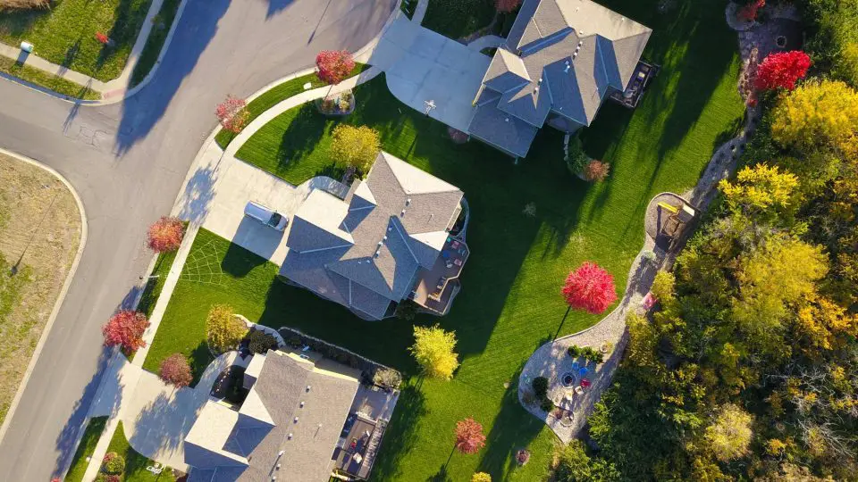 Aerial view of suburban neighbourhood in autumn.