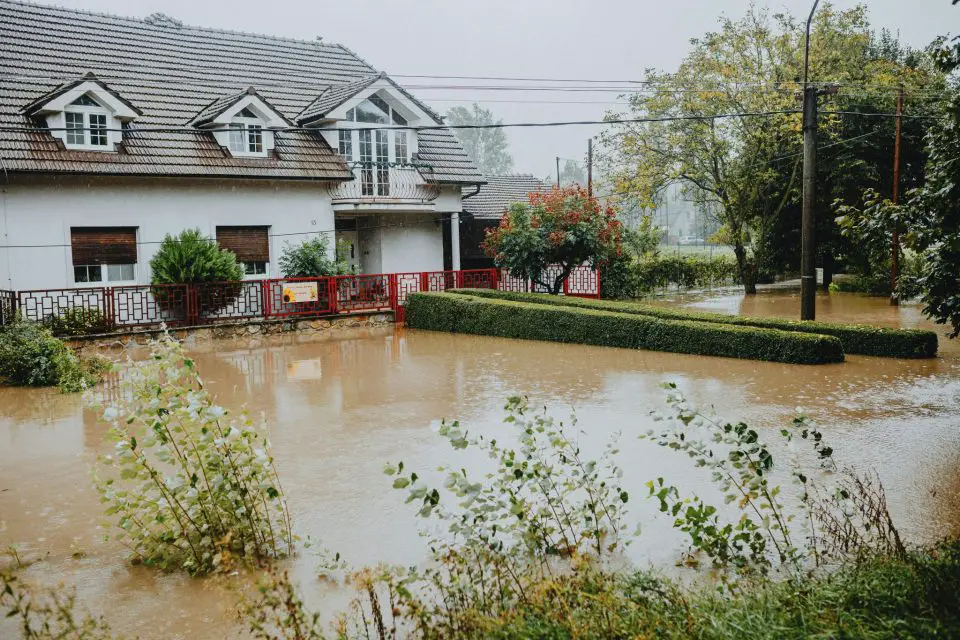 Flooded residential house after heavy rain.