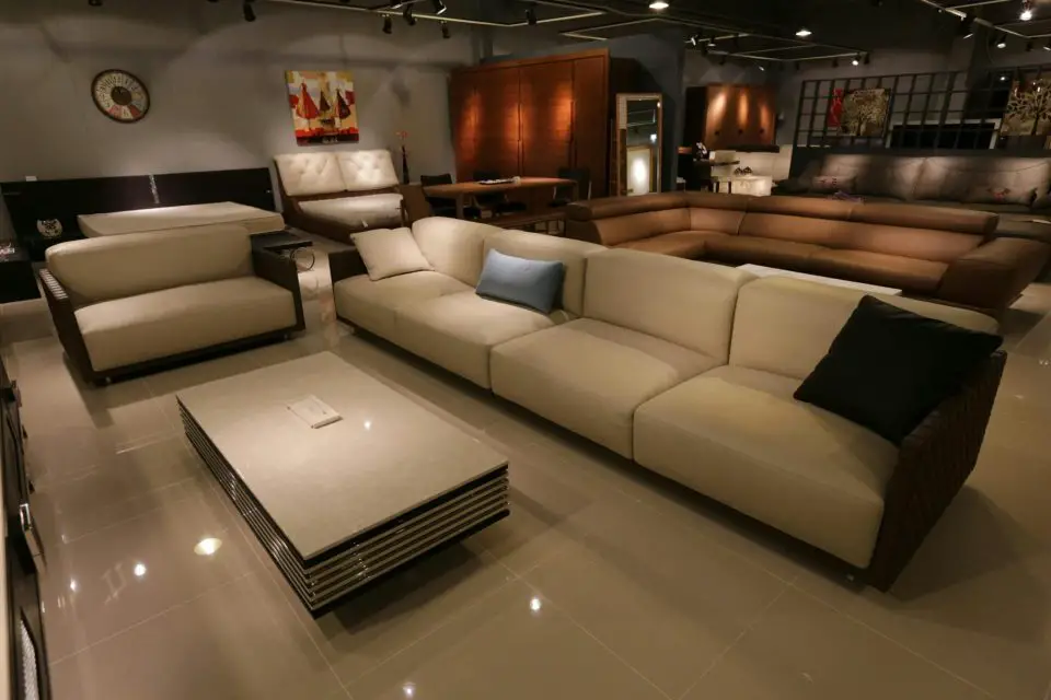 Modern living room furniture display in a store