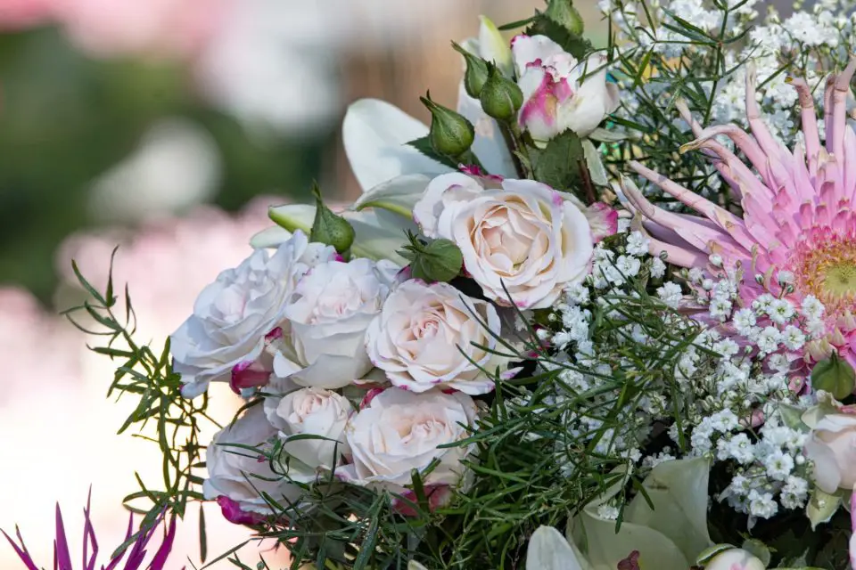 Bouquet of white and pink roses with greenery.