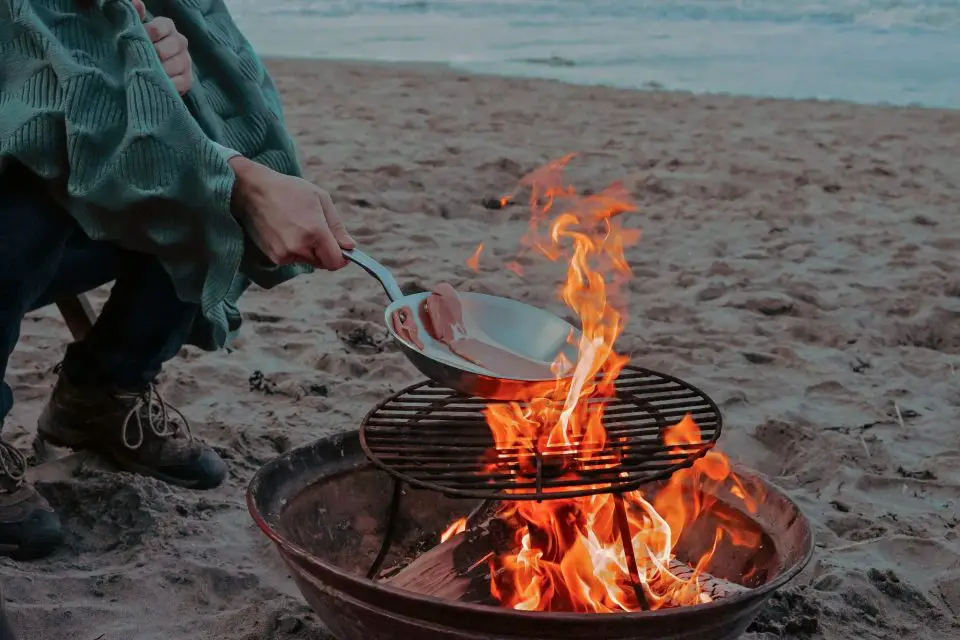 Cooking meat over beach campfire