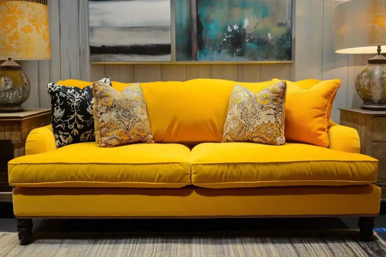 Yellow sofa with decorative pillows and lamps