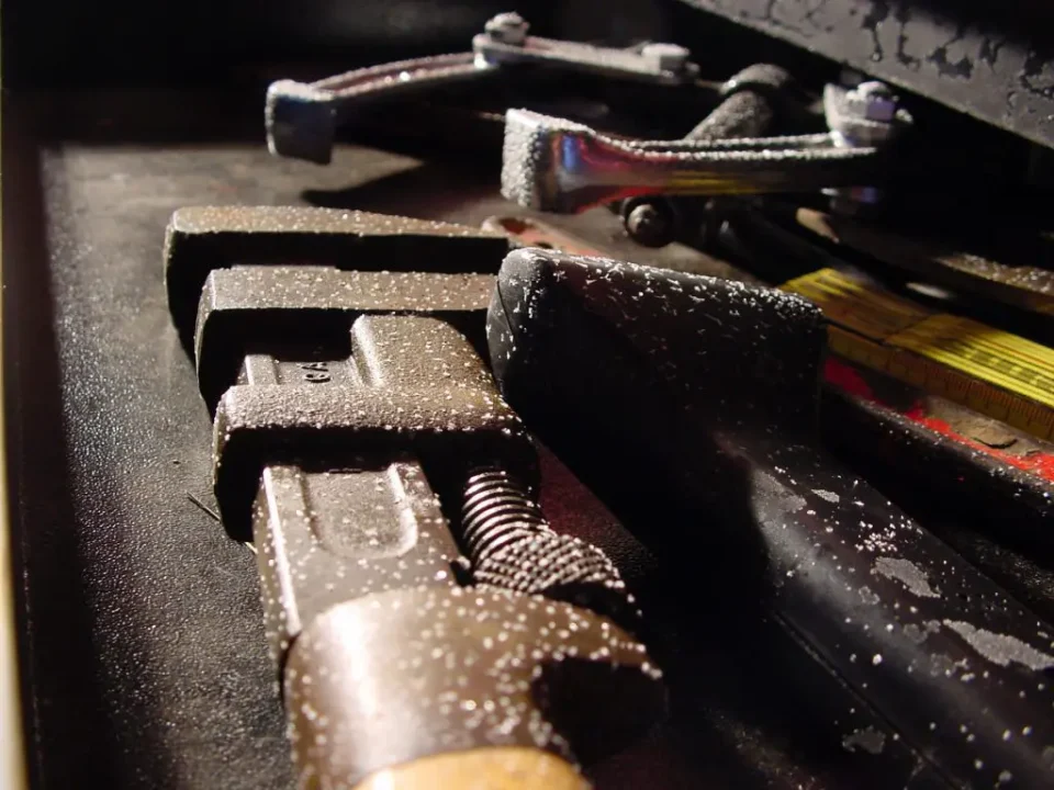 Close-up of wrenches and tape measure in toolbox.