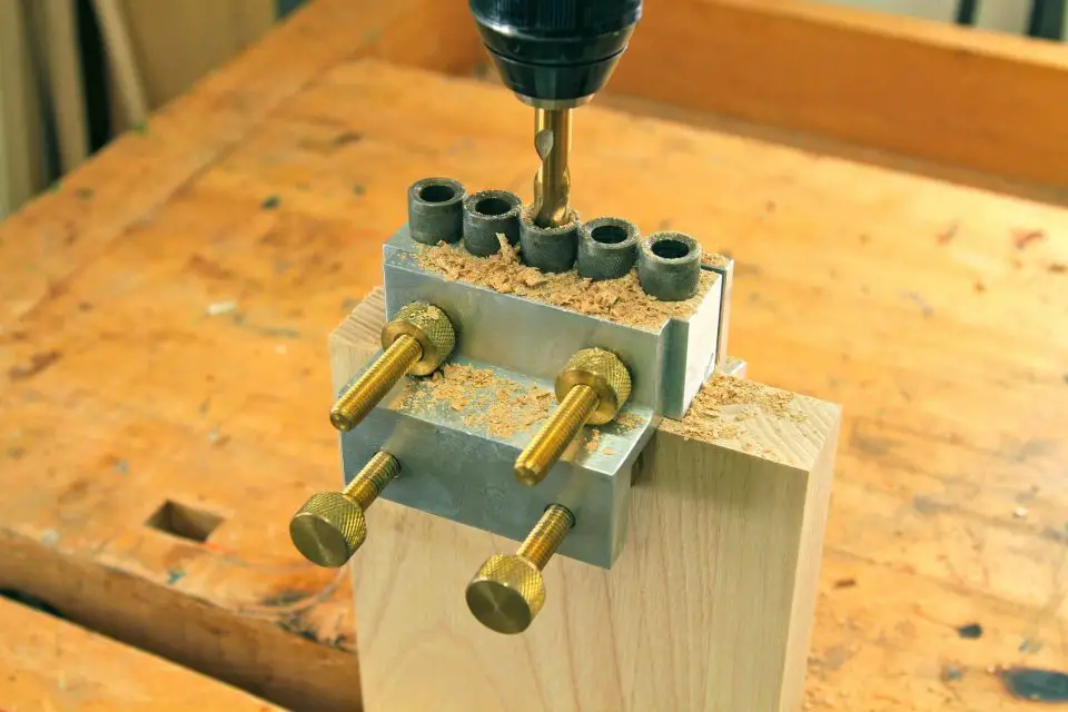 The Dowelmax jig in action. The bushings that guide the drill bit can be replaced if they get too big after a lot of use.