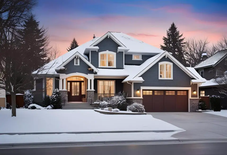Snow-covered suburban house at sunrise in winter.