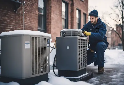 Technician servicing heating unit during winter.