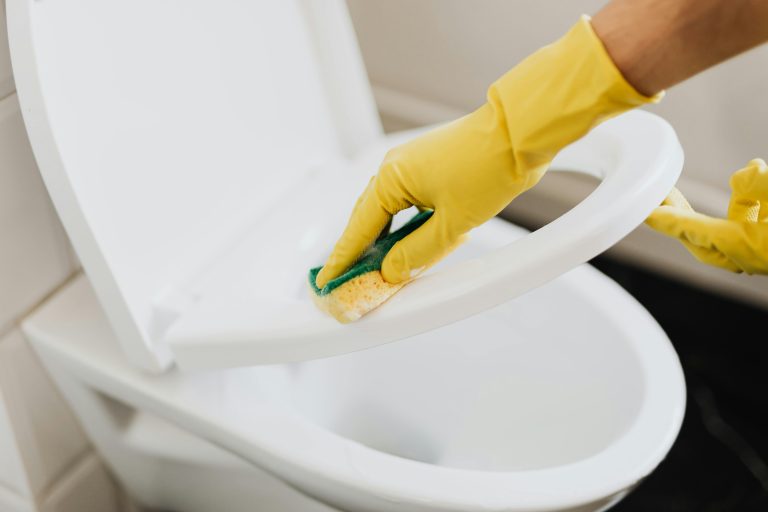 Gloved hand cleaning toilet with sponge